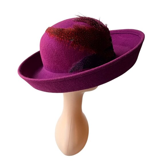 Vintage Magenta Wool Wide Brim Hat with Feather Accent Elegant 1950s 1960s Style